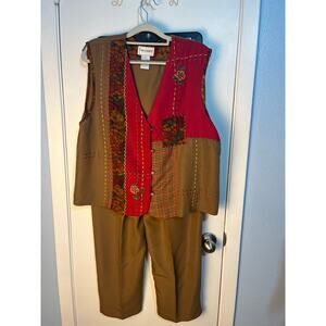 VTG Napa Valley 2 Piece Vest Pants Set Large Brown Boho Embroidered Fall Plaid
